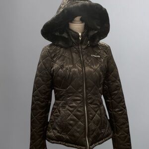 Bebe Vintage Y2K Black Faux-Fur Hooded Jacket